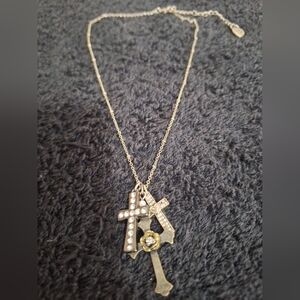 Betsey Johnson Multi Tone Gold Cross Trio Necklace - Rhinestone